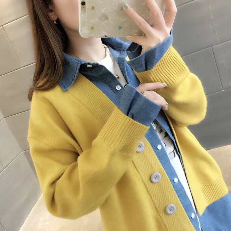 2023 new autumn and winter Denim stitching knitted fake two-piece cardigan women's loose lazy style solid color sweater coat fashion