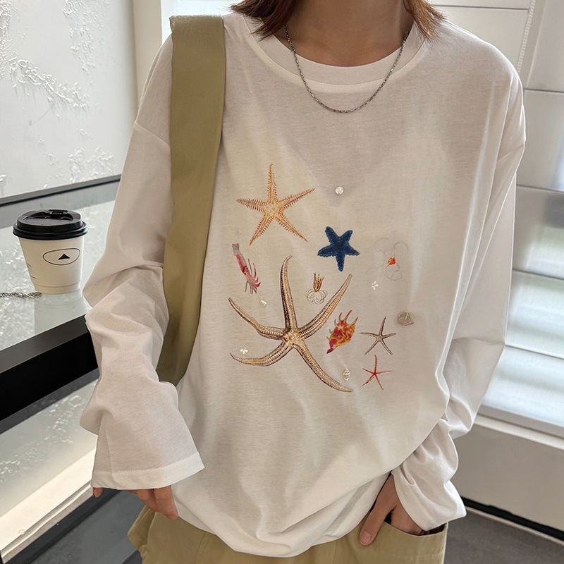 Lino Summer New Printed Sunscreen Long-sleeved Blouse Women's 2025 Lazy Style Loose Slim T-shirt Top