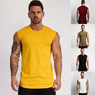 Muscle Fitness Brothers European and American Style No Logo Cotton Sports Vest Men's Running Sleeveless T-Shirt Loose Fit