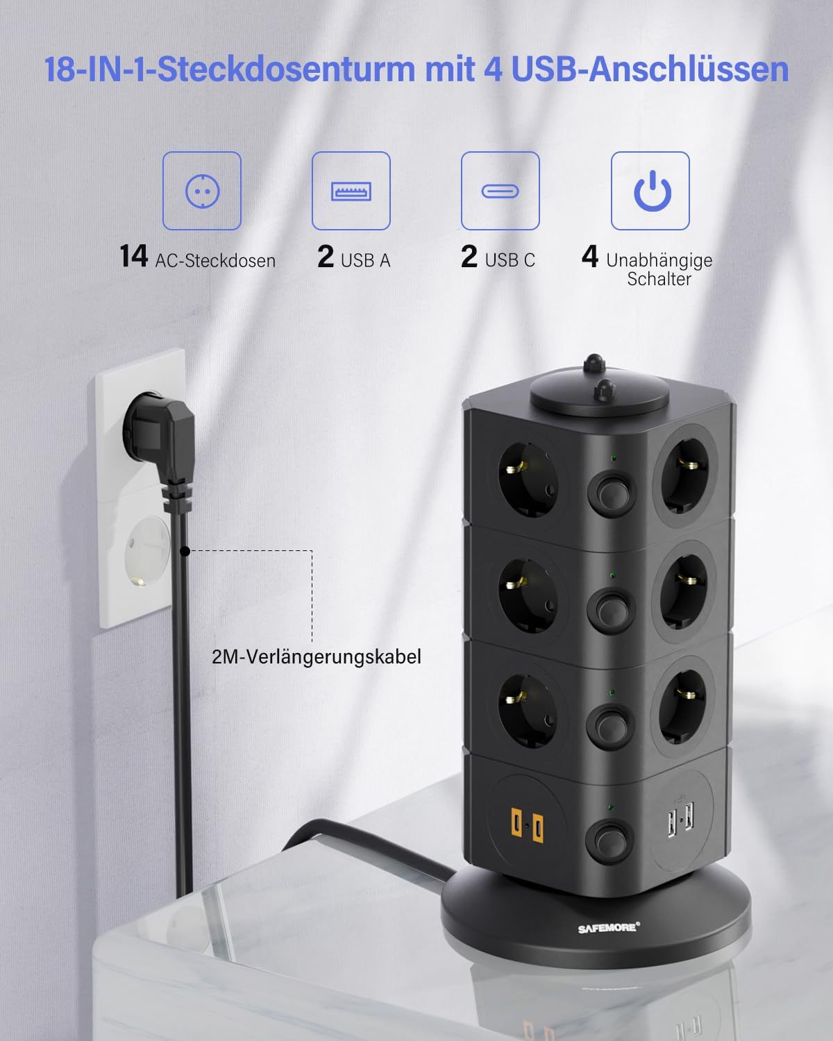 14 FACH STECKDOSENTURM LADESTATION MIT 2 USB C UND 2 USB