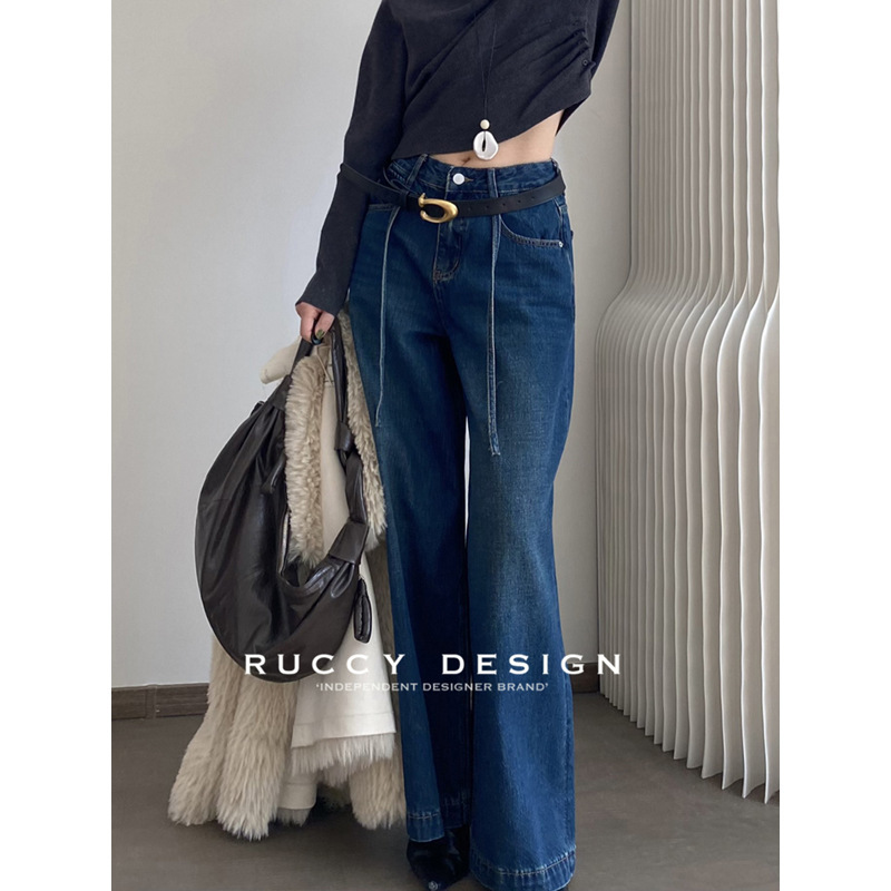 【Ruccy】2025 Winter New Style Dark Blue Ribbon-Decorated Washed Thick Non-Stretch Wide-Leg Jeans for Women 【Ruccy】2025 Winter New Style Dark Blue Ribbon-Decorated Washed Thick Non-Stretch Wide-Leg Jeans for Women