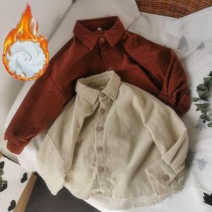 Children's and Girls' Spring and Autumn Long Sleeve Shirt with Corduroy Tone fleece-lined Loose Men's Winter Jacket Retro Dress