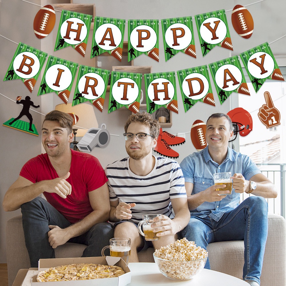 Transfronterizo nuevo fútbol americano rugby tema cumpleaños fiesta decoración traje cumpleaños bandera pastel tarjeta inserción