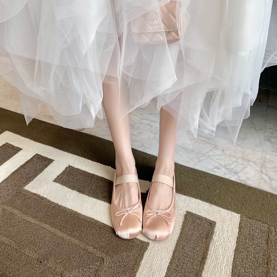 Giày búp bê Mary Jane nữ bằng lụa satin thắt nơ, kiểu giày ba lê Pháp, gót thấp — Hồng lụa, Lụa trắng, Lụa đen, lụa xanh