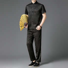 单排扣短袖衬衫男士中山装复古中国风中年休闲两件夏季纯色套装男