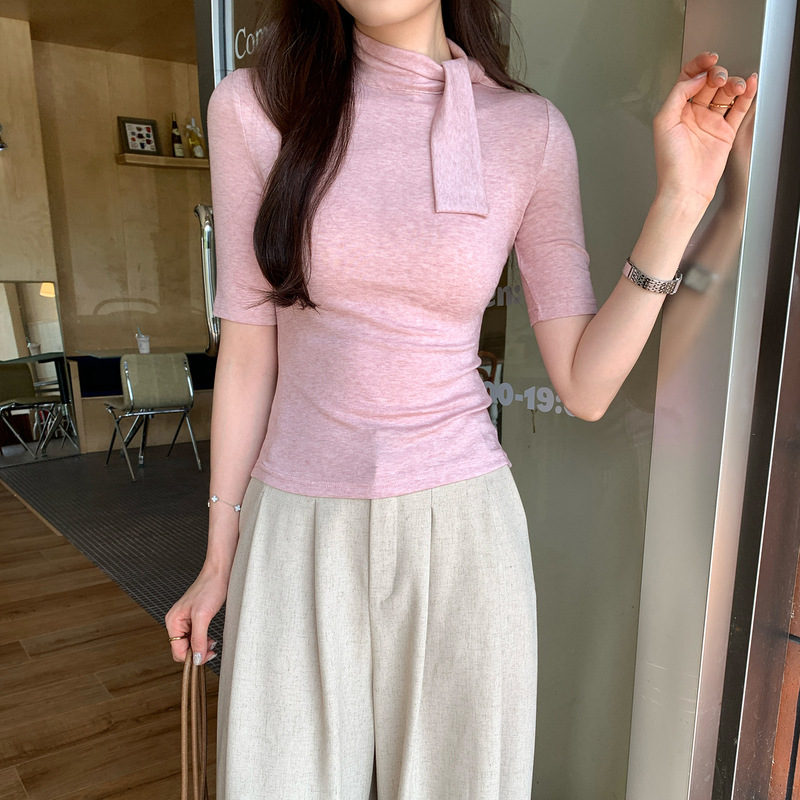 天丝羊毛半高领围脖系带中袖内搭打底T恤女装2025早秋季新款上衣|undefined