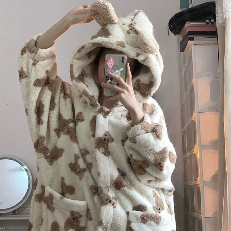 Зимний коралловый пижамный костюм, бархатная флисовая милая демисезонная халат-пижама, комплект, 2025 год, с маленькими медведями, усиленная толщина