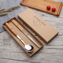 木柄餐具套装西餐牛排刀叉不锈钢筷子勺子四件套礼盒装批发礼品