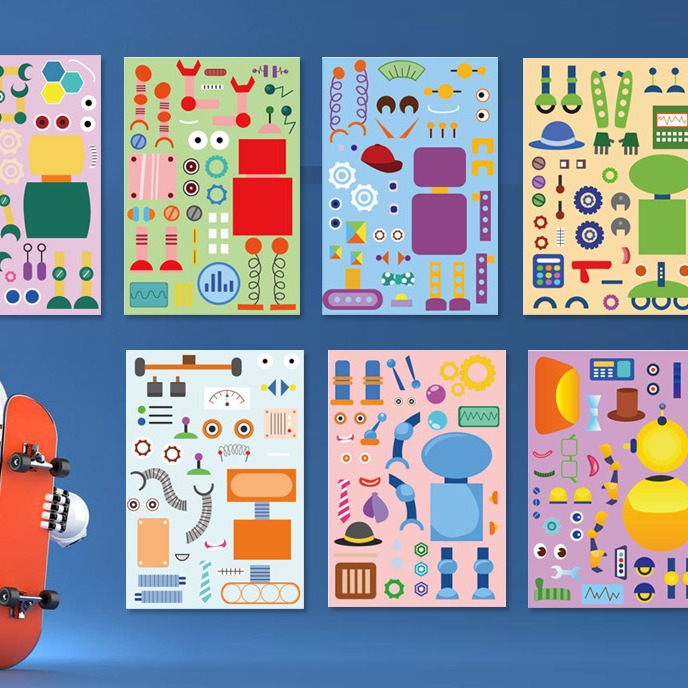 亚马逊新款 机器人24 张儿童DIY贴纸  生日派对拼图不干胶贴纸