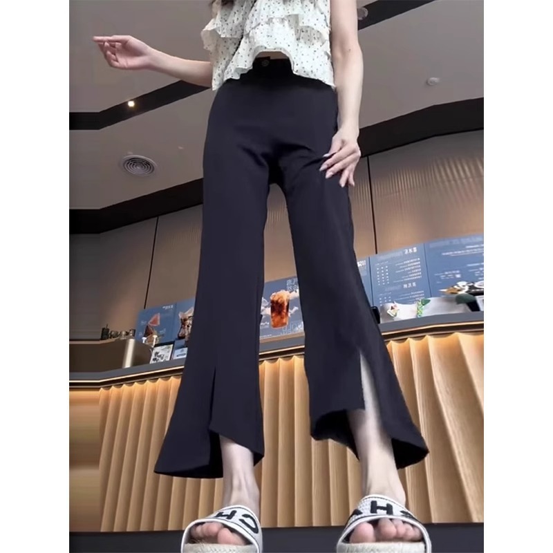 夏用女性用ブラックアイスシルクスリットマイクロフレアパンツ、大きいサイズ、スリム、不規則、カジュアル、薄手、通気性のあるスーツ9点パンツ|undefined