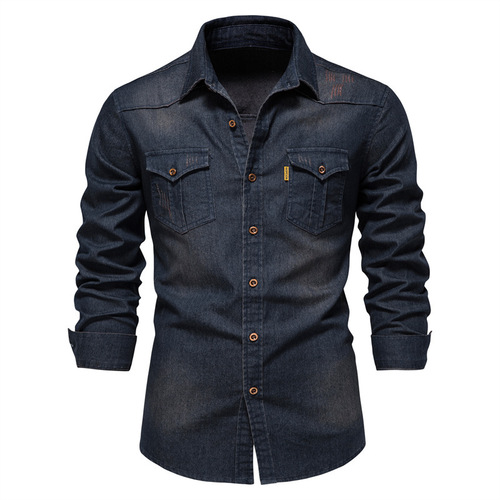2024 Men's Foreign Trade Cross-border European Code Denim Collared Shirt Men's Casual Solid Color Men's Denim Long Sleeve Shirt