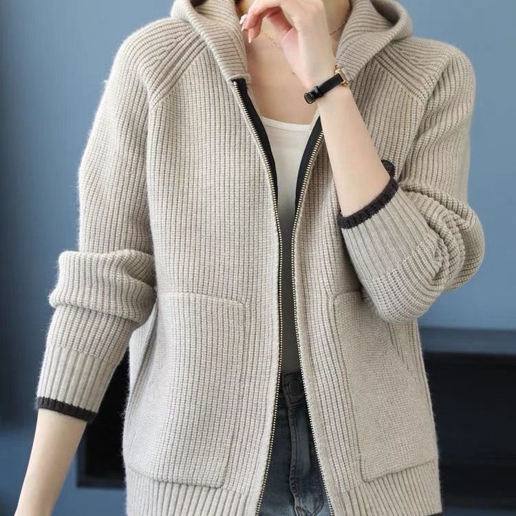 大码女装拉链针织衫开衫外套2025年新款秋冬时尚洋气带帽上衣加厚|undefined