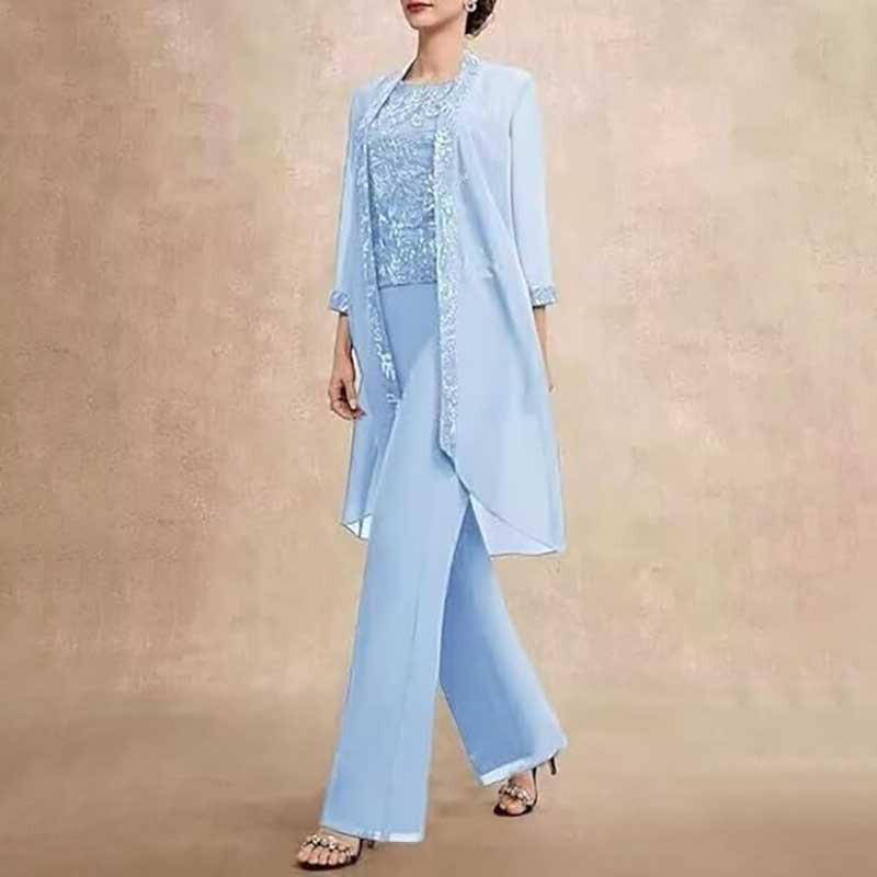 Cross-Border Amazon European and American Plus-Size Lace Long-Sleeve Solid Color Three-Piece Set Top, Pants, and Jacket Women's Clothing 2026