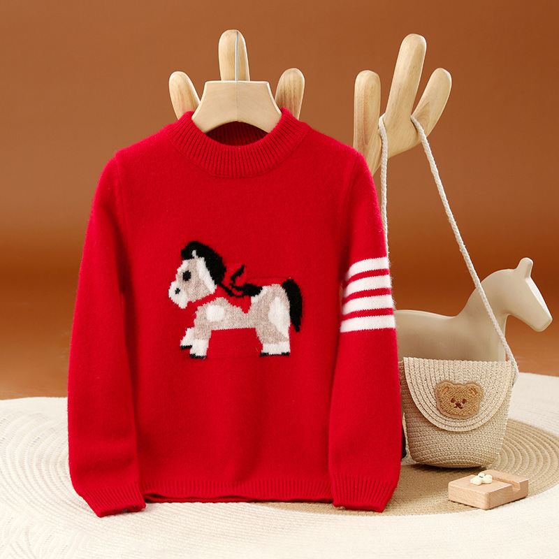 Autumn/Winter Children's Sweater 100 Wool Sweater Half High Neck Red Pony Thickened New Year Boys and Girls Wool Top Trend