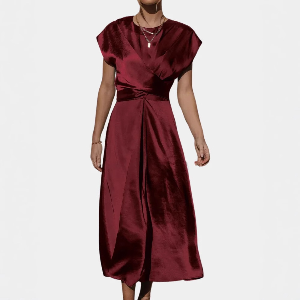 Elegant Satin Sleeveless Women's Dress For Wedding Party Evening Gown With Bow Tie Waist & Flounce Hem_ecoleips.com