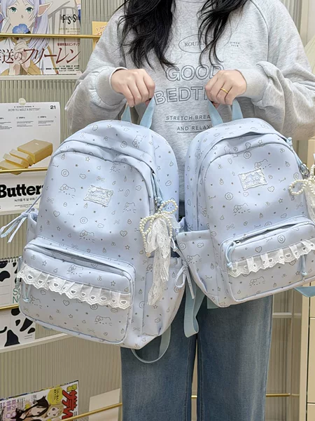 Japanese-Style Ins Cute Cartoon Print Backpack Ballet-Style Lace Trim Sweet Soft Girl Travel Mini Backpack