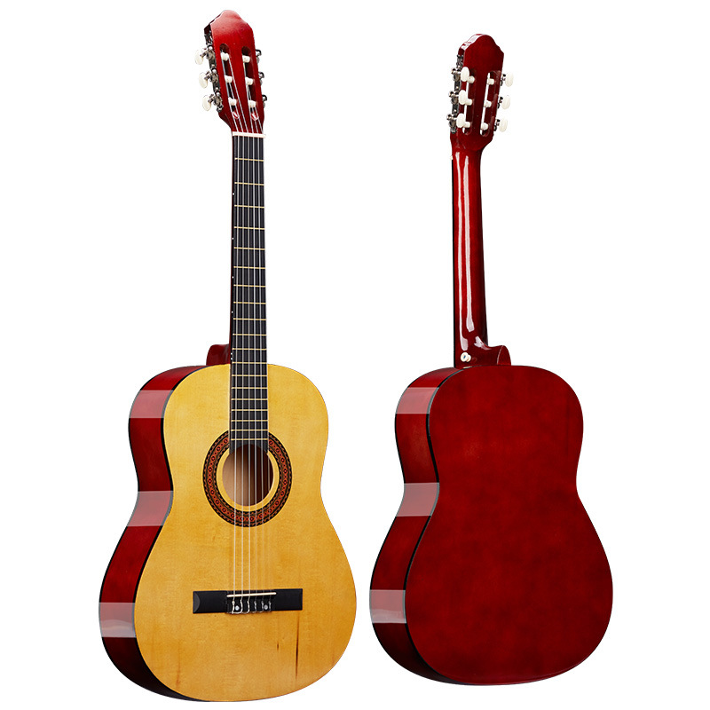 Fábrica de guitarra clásica al por mayor de 39 pulgadas guitarra brillante pulida de madera de tija de entrada guitarra principiante jitta piano de práctica