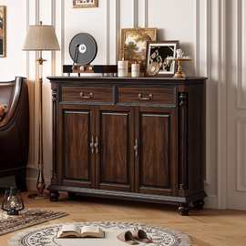 美式复古乡村鞋柜家用入户实木收纳储物柜过道黑胡桃木靠墙置物柜