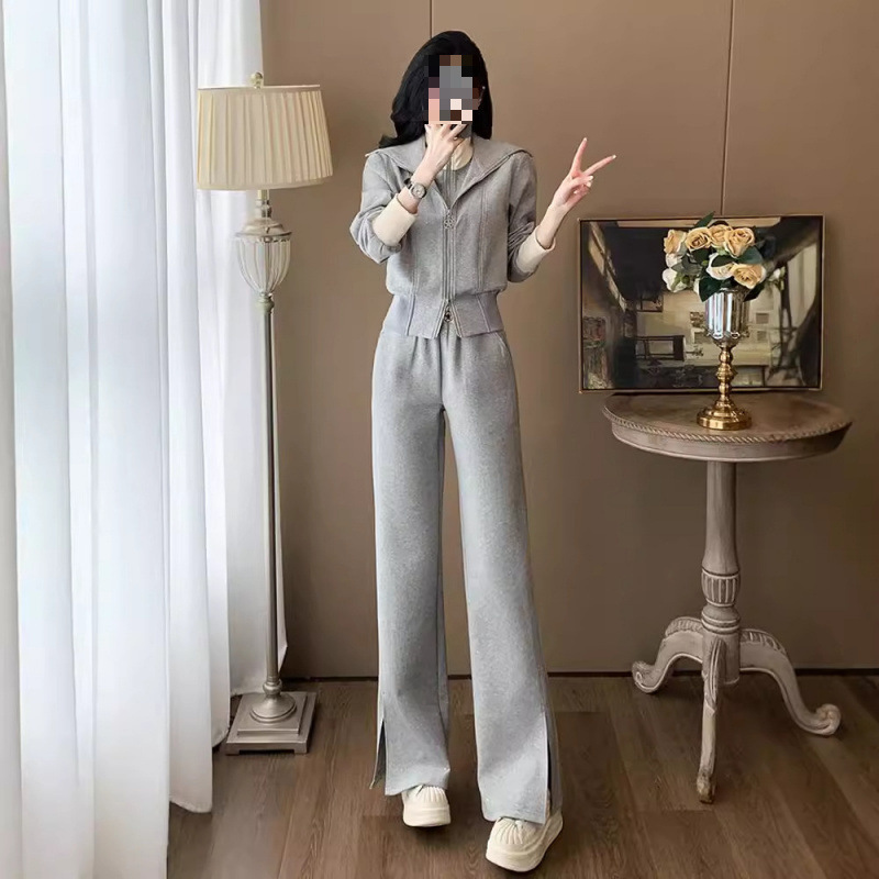 高级感灰色运动套装女秋休闲百搭洋气减龄假两件外套阔脚裤两件套|undefined