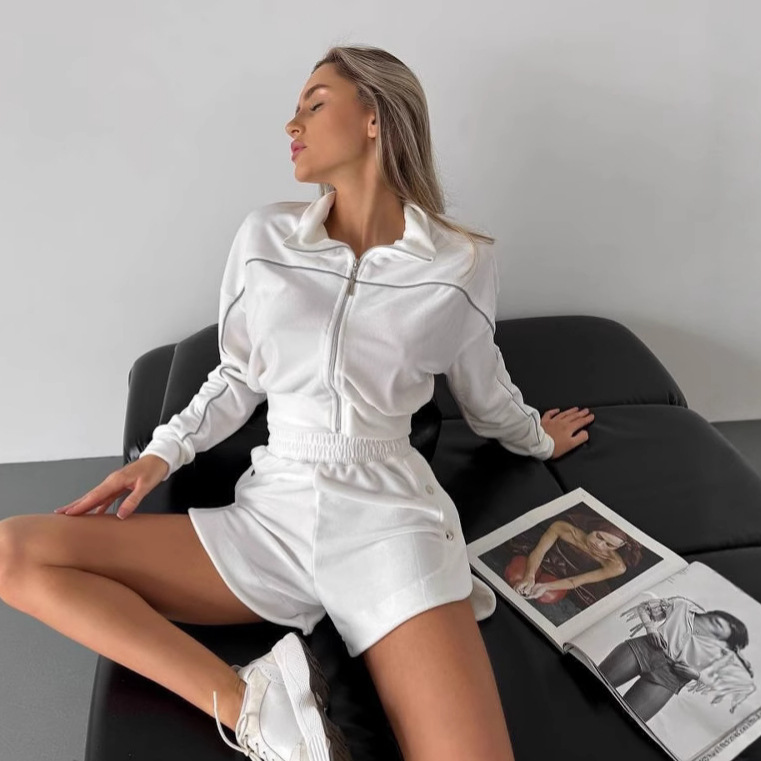 Amazon Cross-Border Casual Velvet Suit Solid Color Long-Sleeved Zipper Lapel Cardigan Elastic Sports Shorts Two-Piece Set