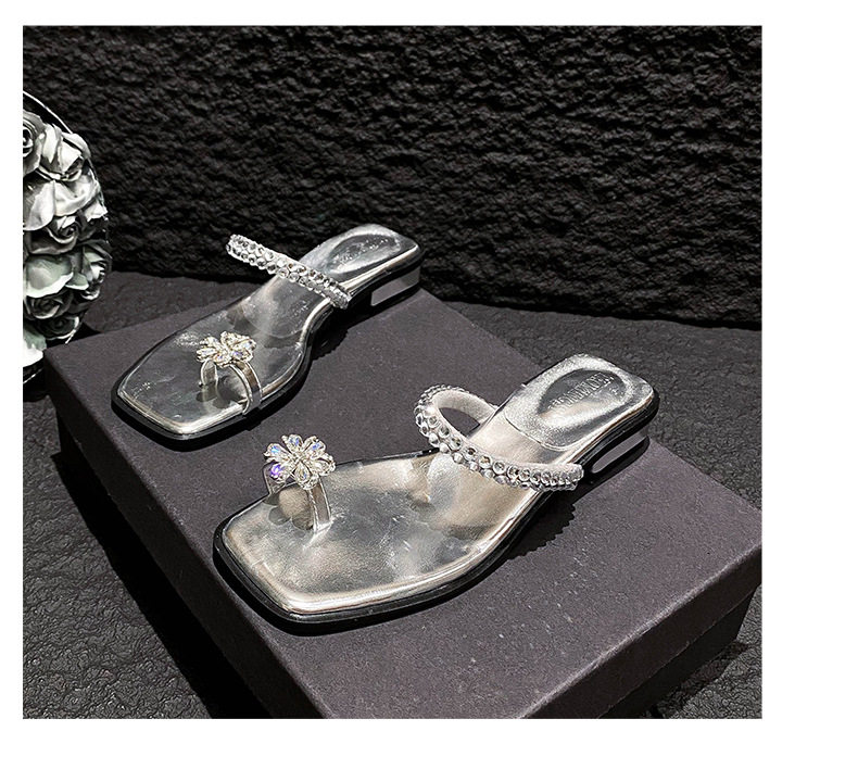 Dép sandal nữ mũi vuông đính đá, quai ngang bít mũi, đế bằng, đi ngoài trời mùa hè — Màu đen chi tiết 26