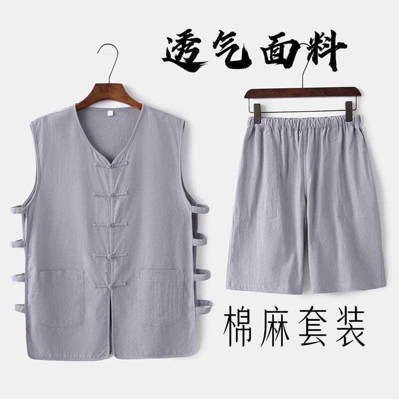 Chaleco sin mangas de lino de verano pantalones cortos chaleco delgado chaleco traje Tang chaqueta traje retro chino para hombre viejo image 3