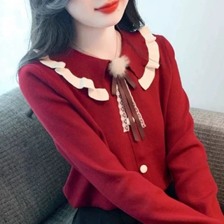 小香风娃娃领针织衫设计感春秋季新款百搭显瘦洋气减龄蝴蝶结上衣