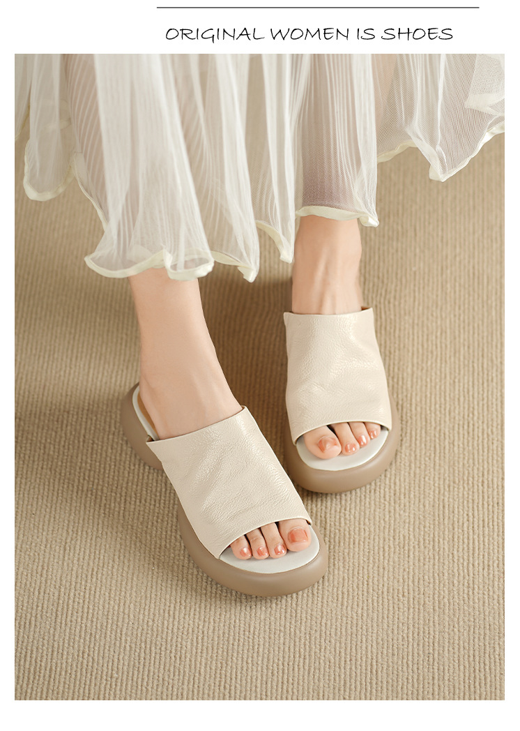 Sandal nữ hở mũi gót thấp đế dày 4cm da dê — màu trắng ngà chi tiết 2