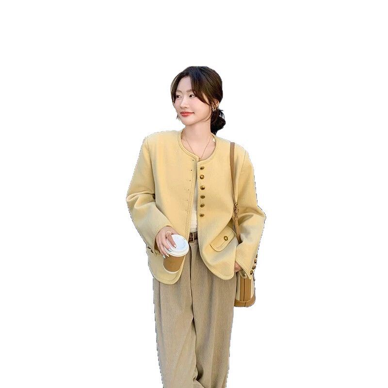 Áo khoác nữ dáng ngắn cổ tròn phong cách retro thanh lịch, form rộng, chất liệu tweed — Ren vàng