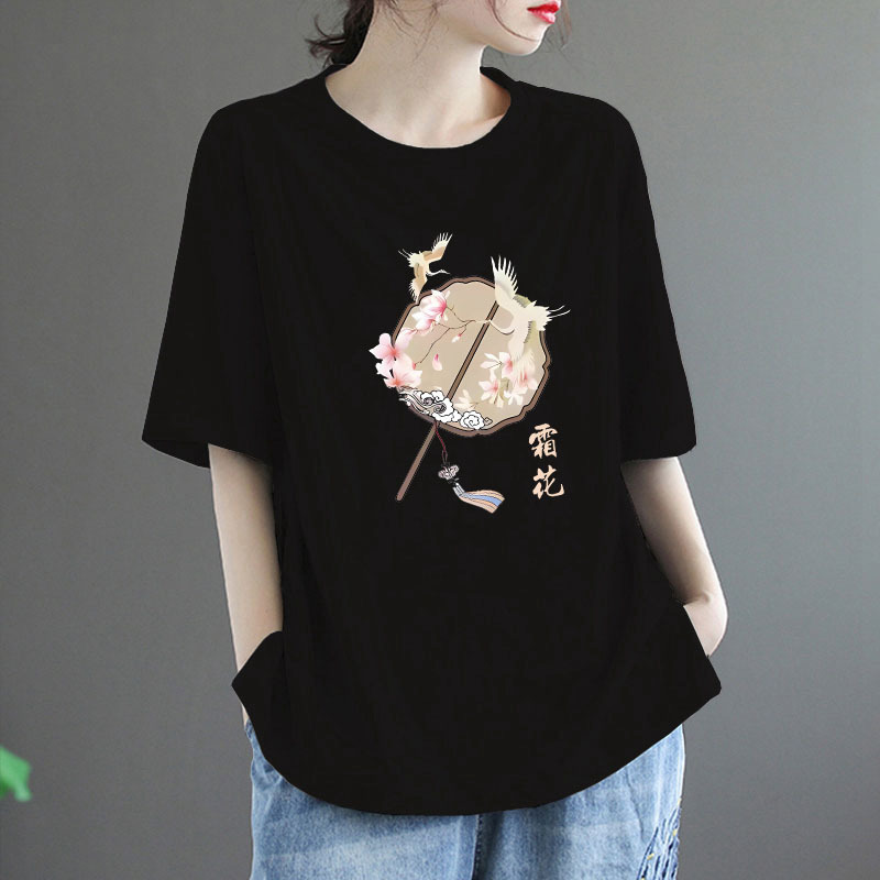 Counter Shopping Mall Discount Women's Clothing Withdraws Summer Pure Cotton Round Neck Short Sleeve Top Simple Western Style Printed T-shirt