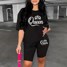 2025年欧美跨境休闲运动短袖非洲黑女孩皇冠QUEEN字母印花t恤套装