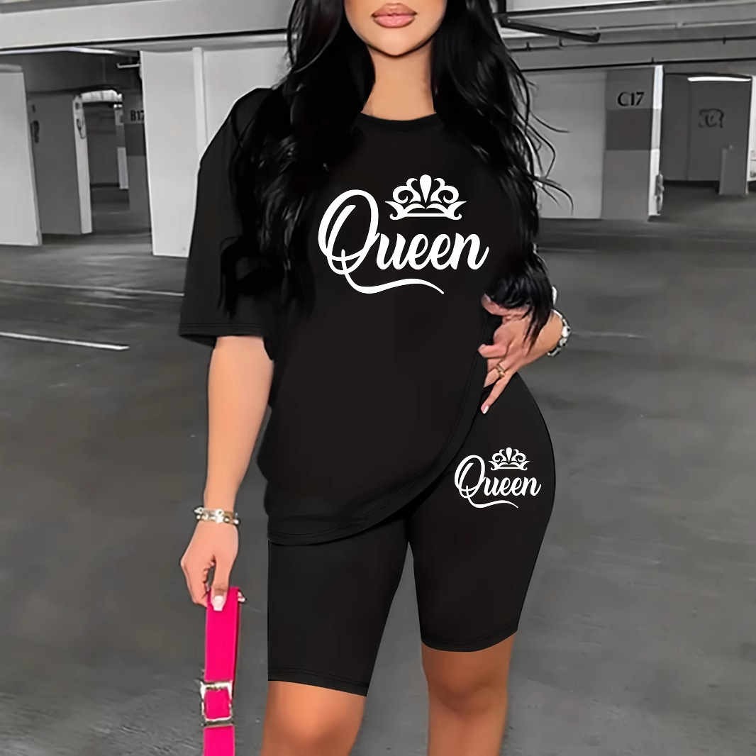 2025年欧美跨境休闲运动短袖非洲黑女孩皇冠QUEEN字母印花t恤套装