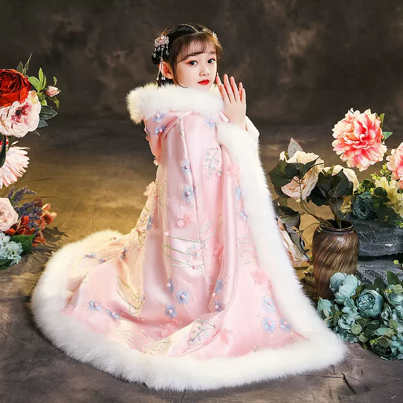 儿童古装汉服披风女童斗篷拜年服新年衣服公主加厚保暖冬季厚披风