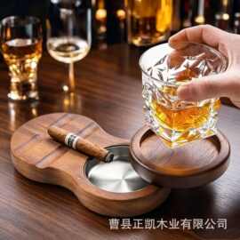 木质烟灰缸雪茄盒多功能威士忌酒杯架烟灰收纳盒带杯托雪茄烟灰缸