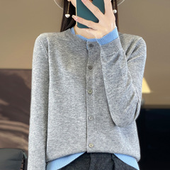 春秋新款拼色假两件针织开衫女时髦洋气简约毛衣休闲显瘦长袖外套