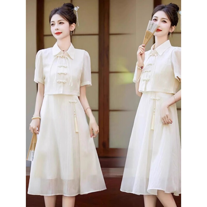 New Chinese Style National Style dress 2025 Summer New Short-sleeved Shirt with Sling Skirt Hanfu Two-piece A3500