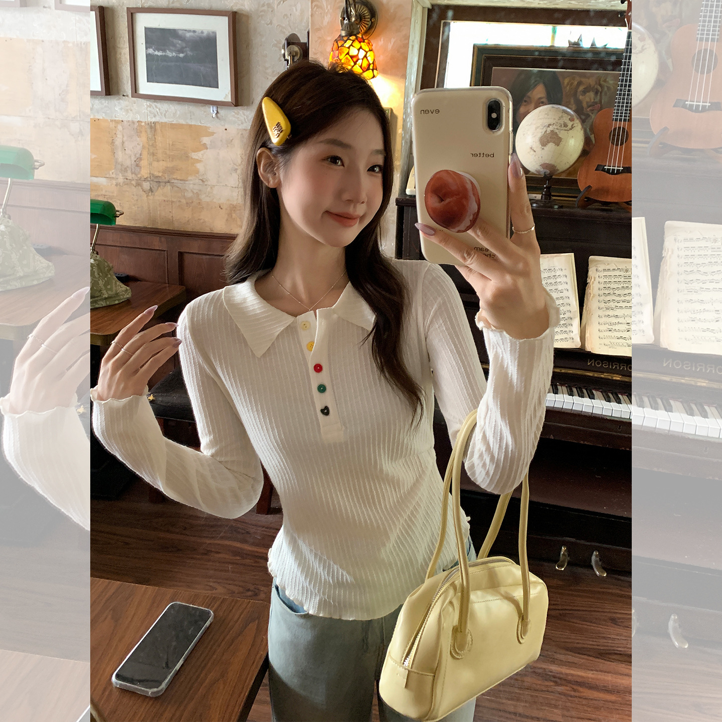 彩色纽扣设计感polo领长袖T恤女装潮2025秋季新款木耳边褶皱上衣