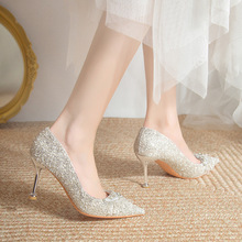 2025春季尖头细跟珍珠亮片女式时装鞋超纤内里透气中跟宴会通勤鞋