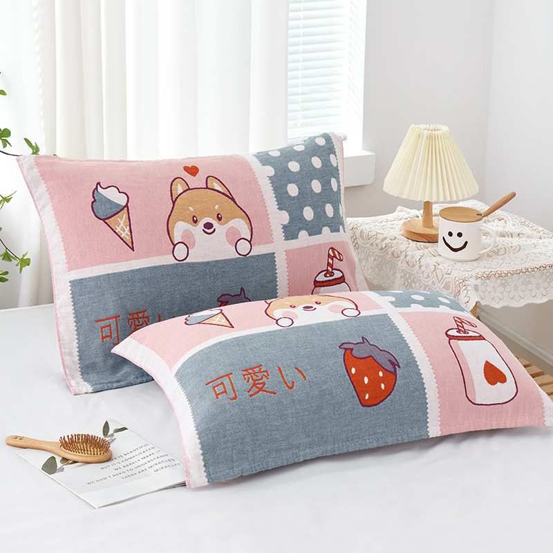 Wholesale Pillowcases, 100% Cotton Adult Gauze Pillowcases with Embroidered Cartoon Couple Design, All-Season Universal Pillowcases, Manufacturer Wholesale