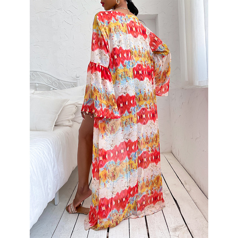 loose long-sleeved printed beach dress NSMAN51437