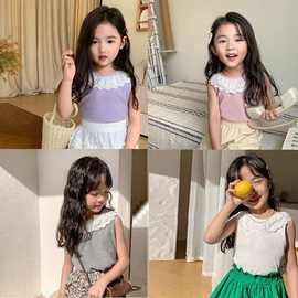 女童夏装蕾丝背心T恤儿童宝宝荷叶边甜美薄款花边无袖上衣百搭潮