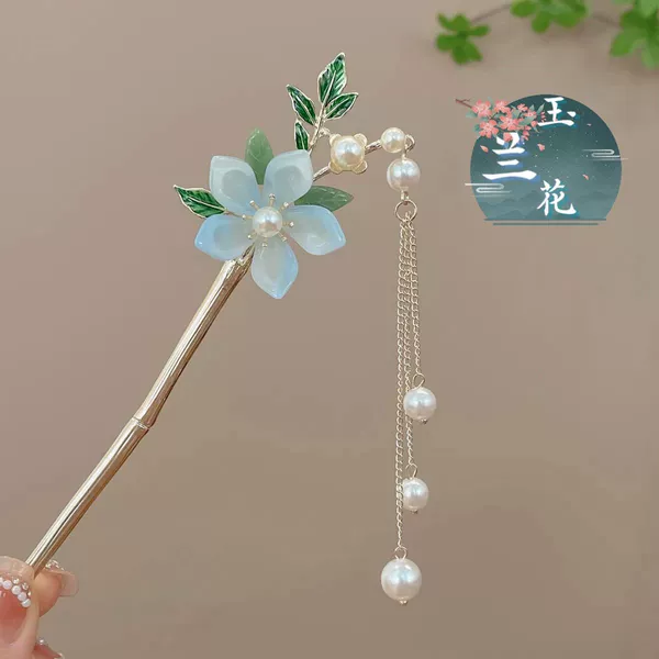 Blue Chinese hairpin pearl with tassels, flowered