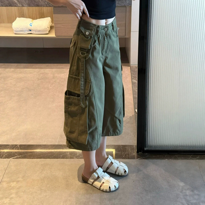 American-style army green workwear cropped jeans for women, summer plus-size high-waisted loose slimming wide-leg mid-length pants American-style army green workwear cropped jeans for women, summer plus-size high-waisted loose slimming wide-leg mid-length pants