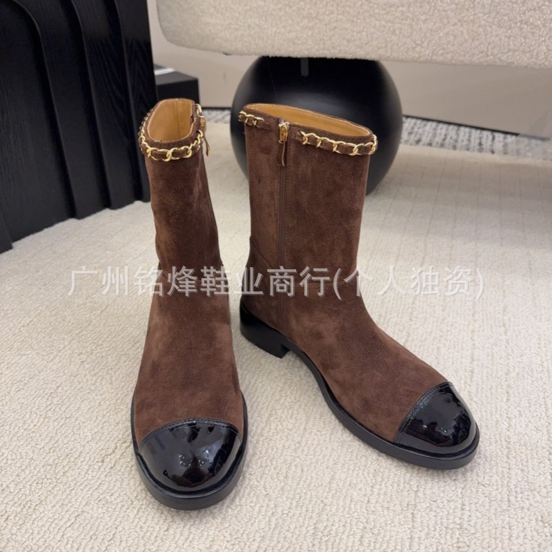高端女鞋2025新款小香风真皮粗跟短筒靴女时尚百搭外穿时装靴女潮|undefined