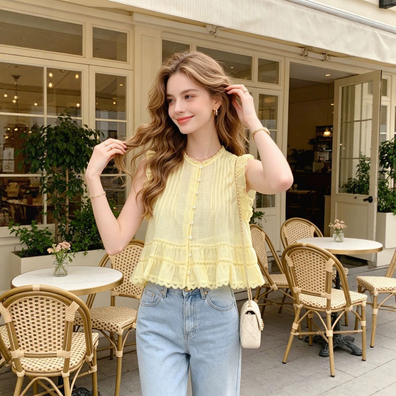 Nanyou 2026 Summer French Style Sleeveless Shirt for Women, Yellow Small Flutter Sleeve Babydoll Blouse with Lace Trim and Ruffles, Short Top Nanyou 2026 Summer French Style Sleeveless Shirt for Women, Yellow Small Flutter Sleeve Babydoll Blouse with Lace Trim and Ruffles, Short Top