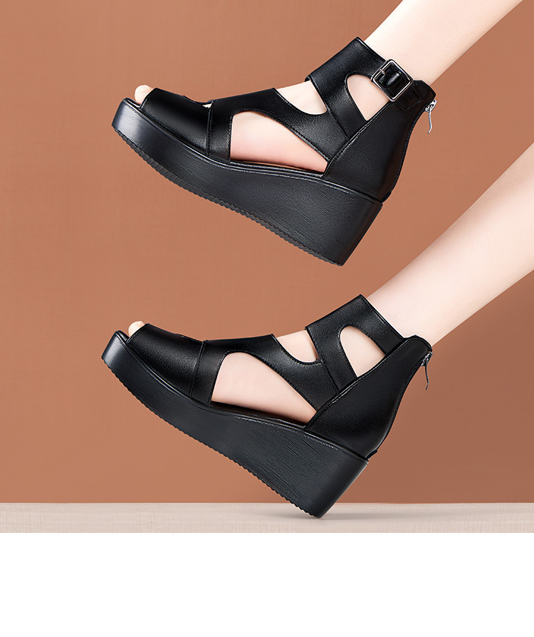 Sandal peep toe nữ đế xuồng cao gót vuông phong cách La Mã — Màu đen chi tiết 12