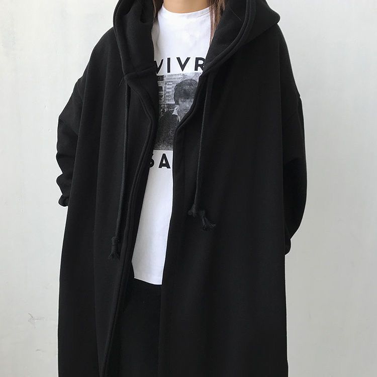 秋冬季新款2-300斤胖MM开衫连帽风衣女宽松加绒过膝连衣裙外套潮|undefined