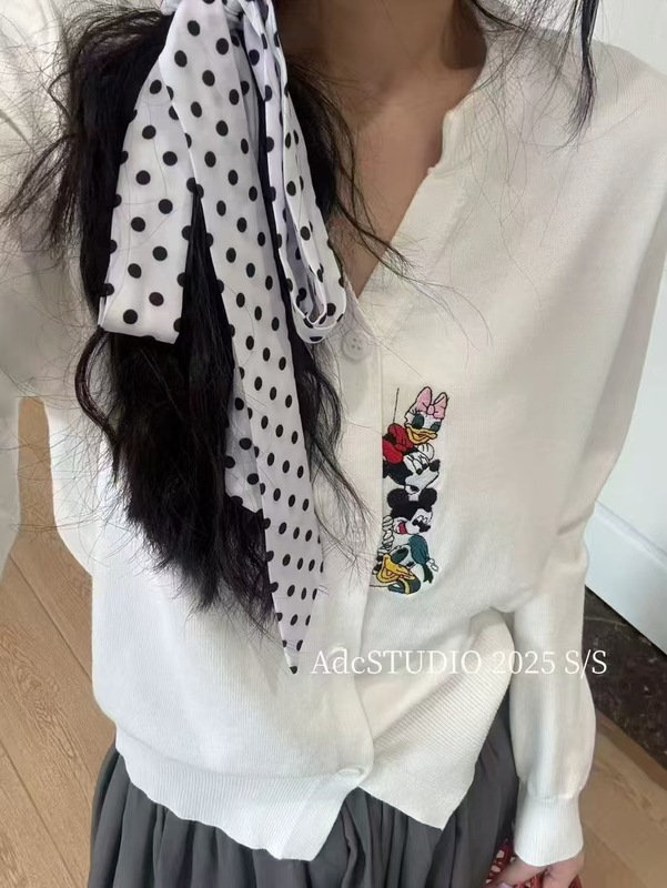 ミッキー刺繍ニットカーディガン女性のための 2025 秋の新韓国スタイルルーズスリム多用途セータージャケットトップトレンディ|undefined