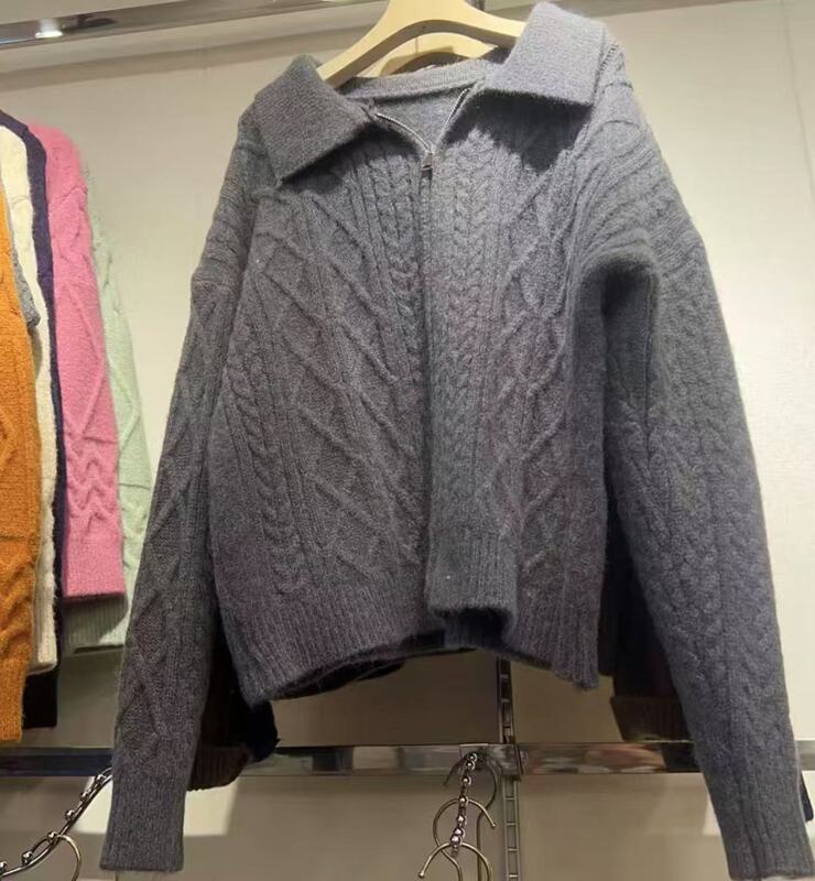 レトロな襟付きジッパーセーターコート、女性用、秋冬、クロスボーダー、ゆったりとした怠惰なデザイン、スタイリッシュな麻花編みニットカーディガン|undefined