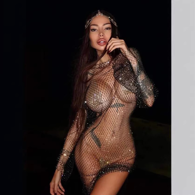 L9407 Cross-Border Women's Black Shiny Rhinestone Festival Fishnet Dress Gold Lingerie Underwear Set L9407 Cross-Border Women's Black Shiny Rhinestone Festival Fishnet Dress Gold Lingerie Underwear Set